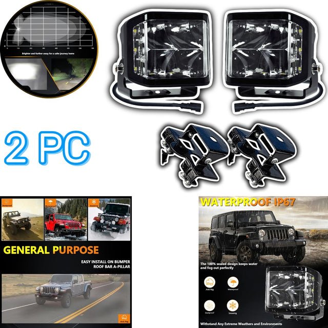 HJG W28 Extra Strong 100W Auxiliary LED Light 5INCH Lighting Work Light 3-sided Driving Lights For SUVs,Trucks,Cars With Bonnet Brackets 2 Pcs Set