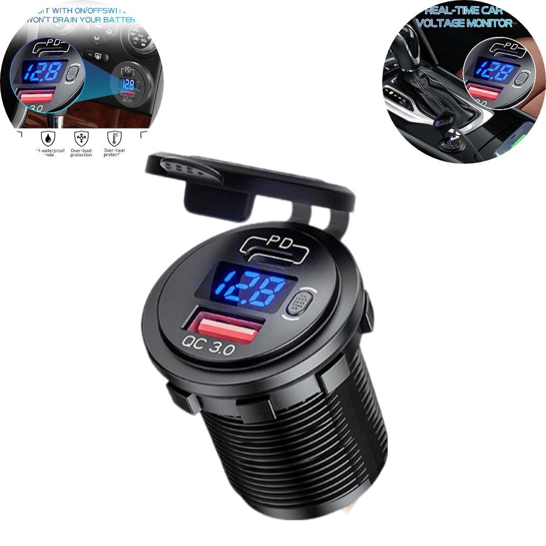 1 Pc Universal 60W PD Type C/QC 3.0 USB Charger Socket With Button Switch LED Voltmeter Fast Charging for 12V 24V